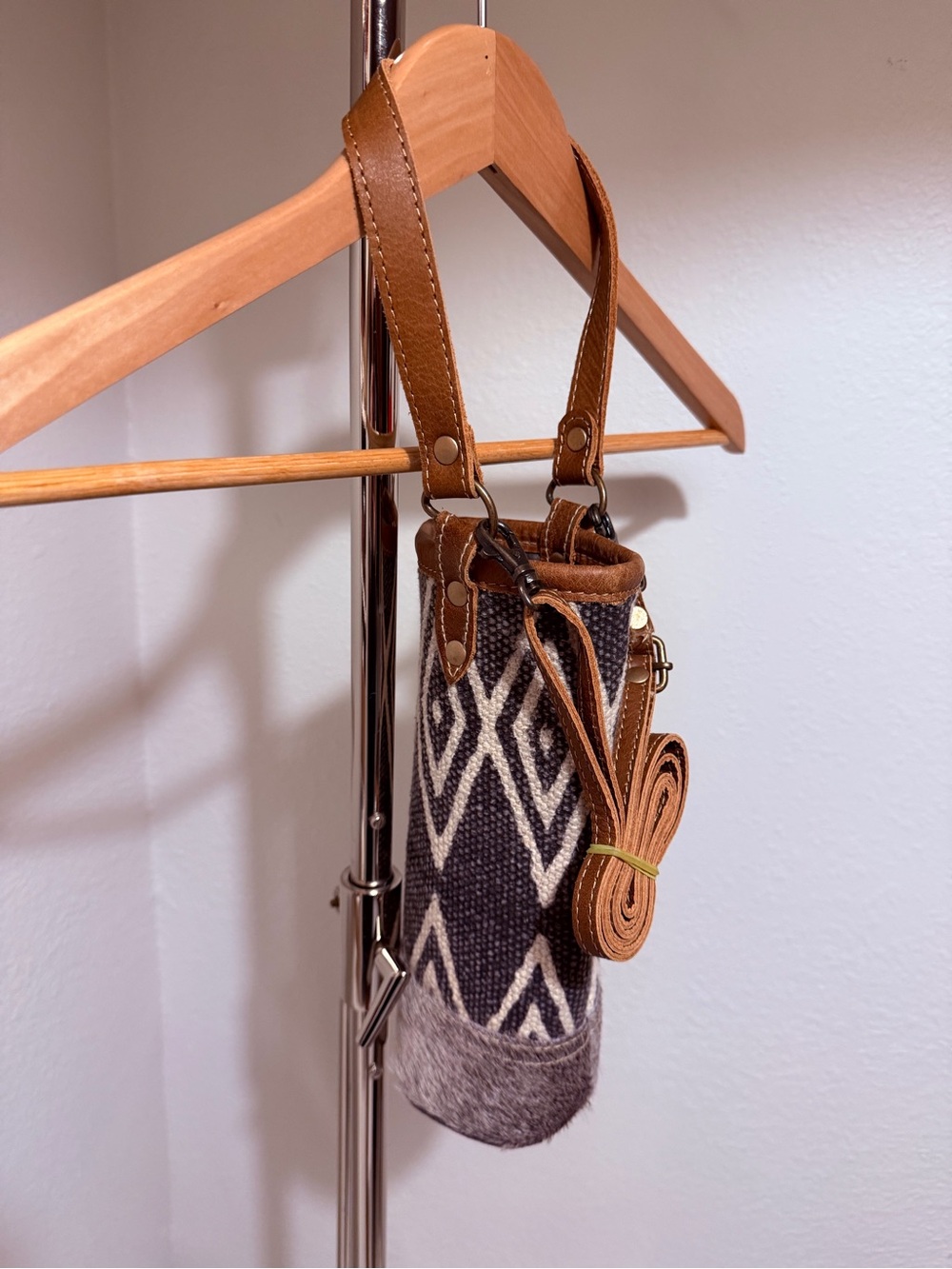 Myra Bag Brown Leather-Trim Geometric Water Bottle Bag